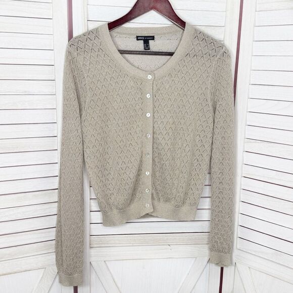 MNG Mango Pointelle Metallic Shimmer Button Up Cardigan Sweater Tan Gold Large - Picture 8 of 12